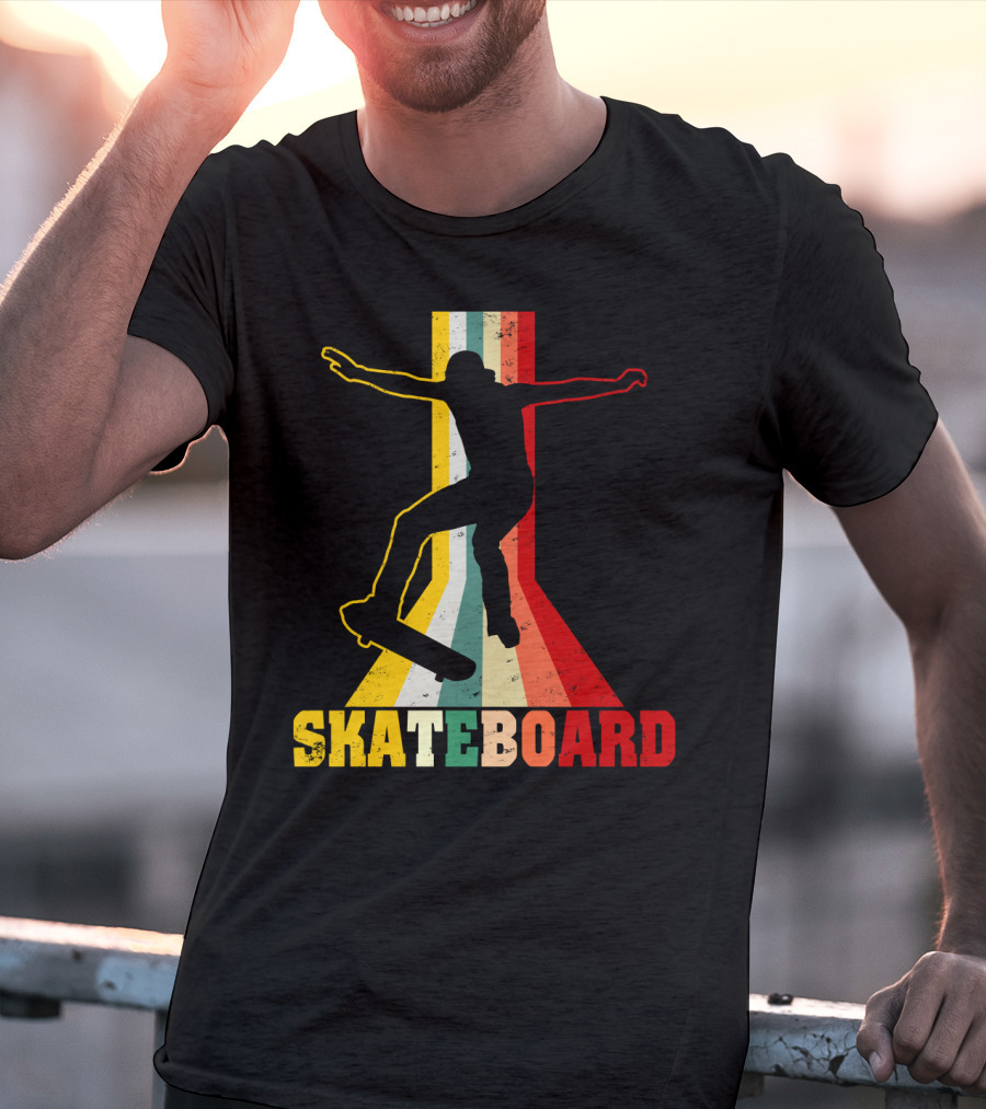 Retro Skateboard Silhouette With Vintage Color Stripes T-Shirt