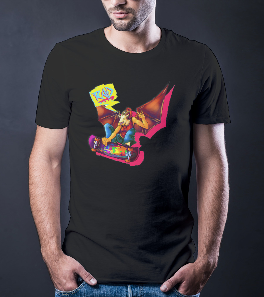 RAD Bat-Winged Skateboarder With Neon Graffiti Aesthetic T-Shirt