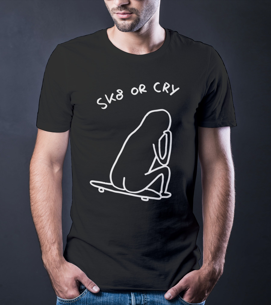 Sk8 Or Cry Minimalist Outline Sitting Figure On Skateboard T-Shirt