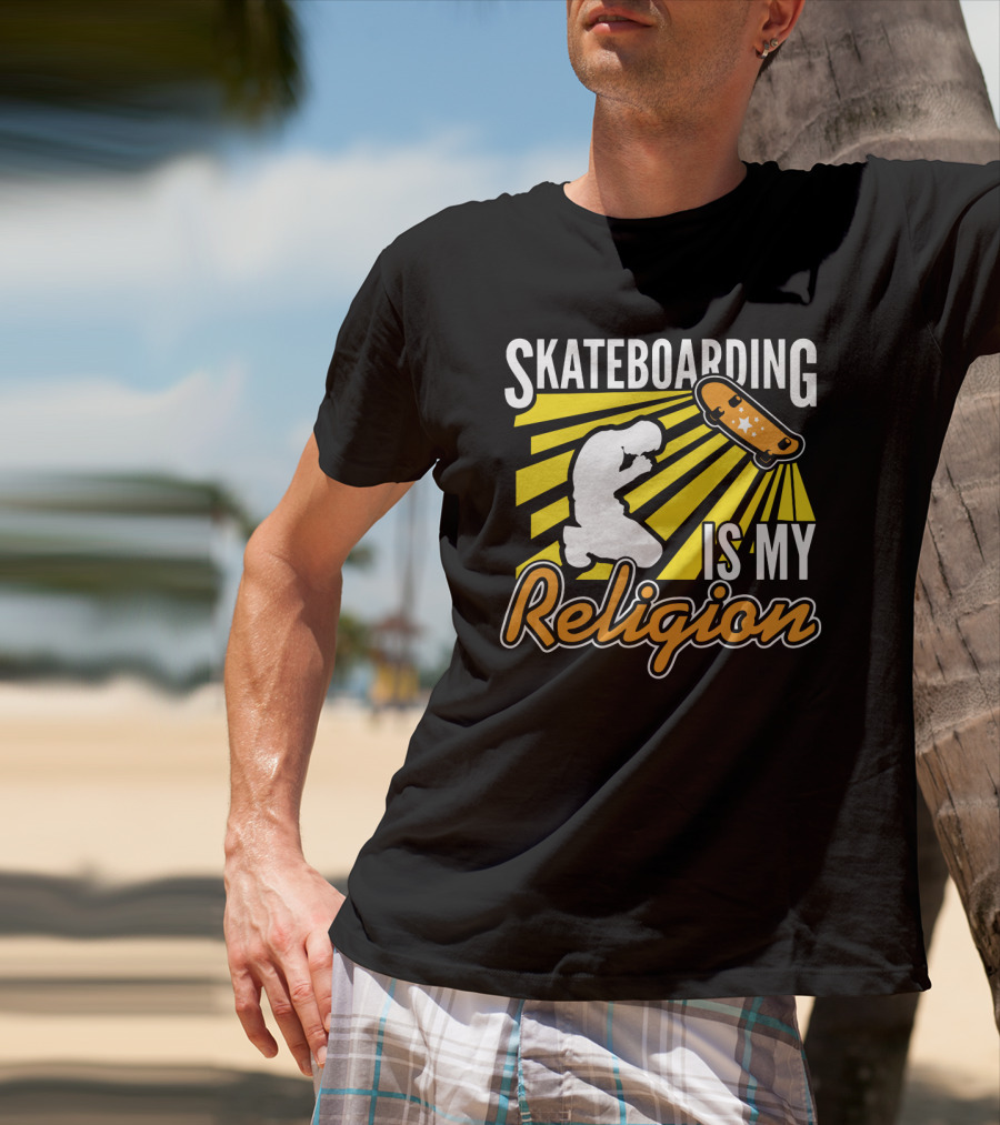 Skateboarding Is My Religion Kneeling Silhouette With Skateboard And Sunburst T-Shirt