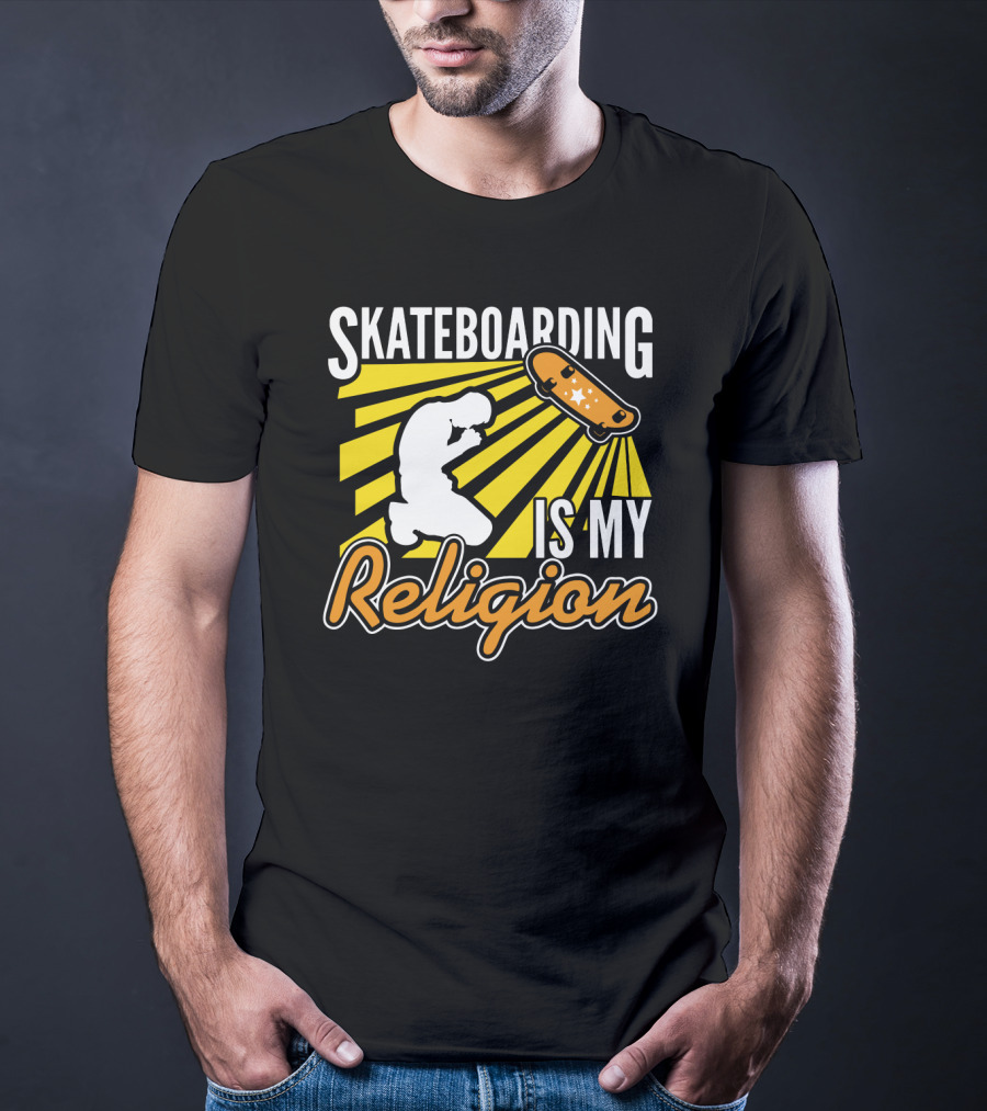 Skateboarding Is My Religion Kneeling Silhouette With Skateboard And Sunburst T-Shirt