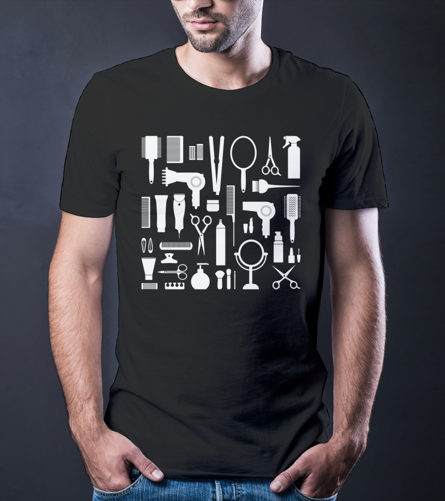 Barber Hairdressing Equipment Scissors Combs Mirrors Sprays Clippers Styling Tools Collection T-Shirt