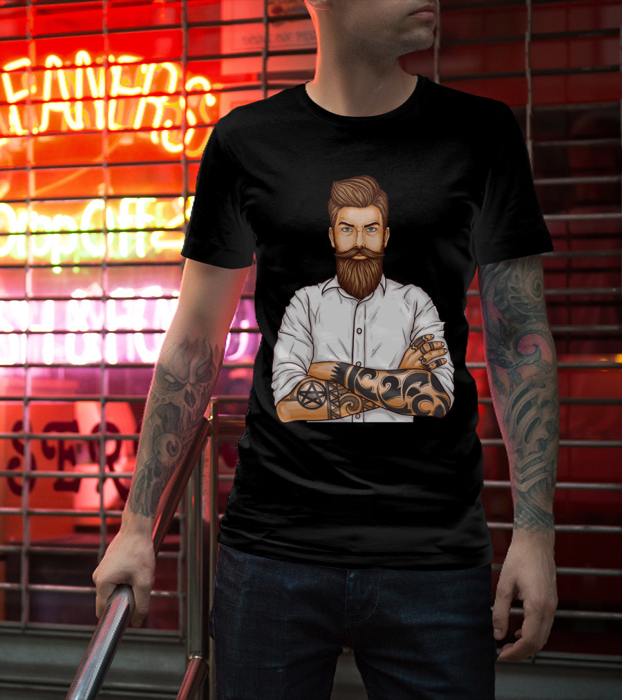 Barber Style Bearded Man With Tattoo T-Shirt