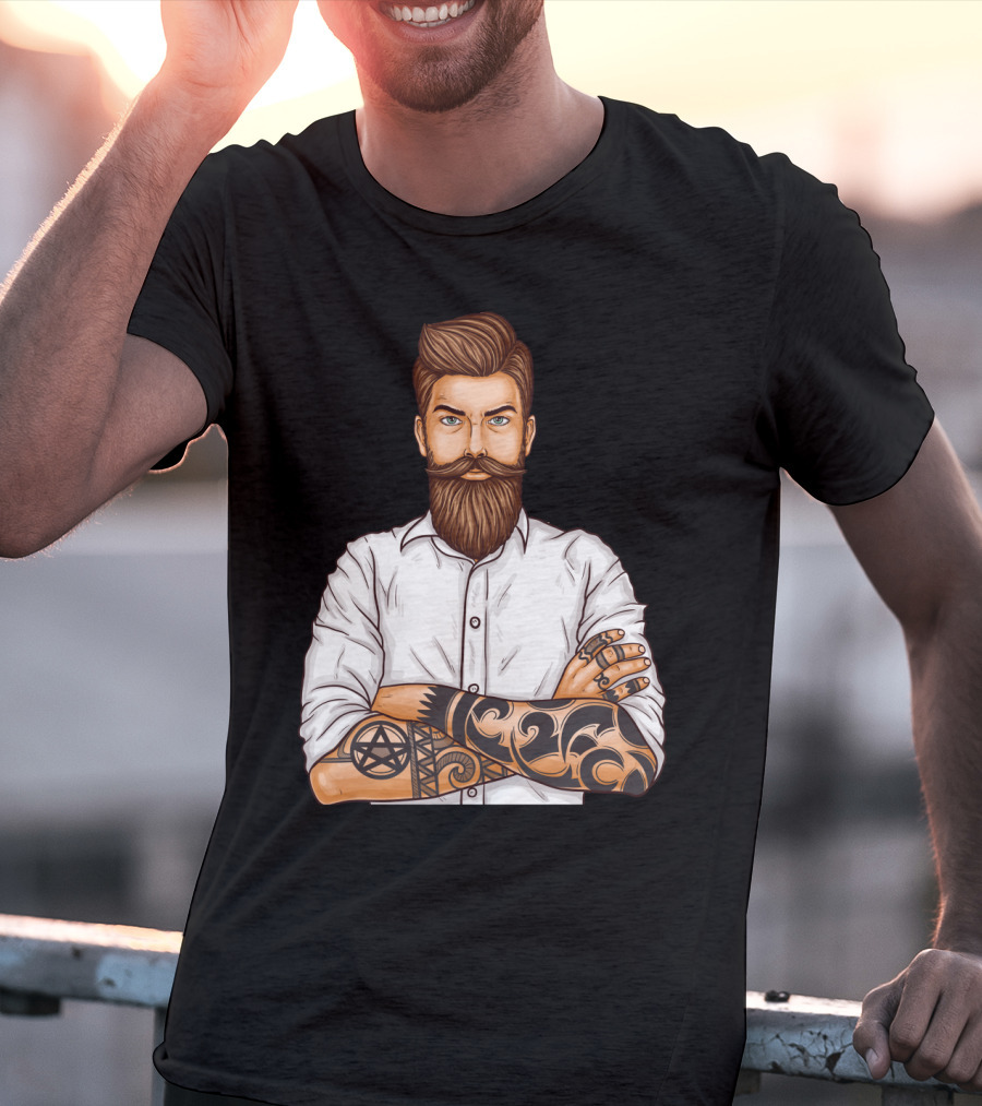 Barber Style Bearded Man With Tattoo T-Shirt
