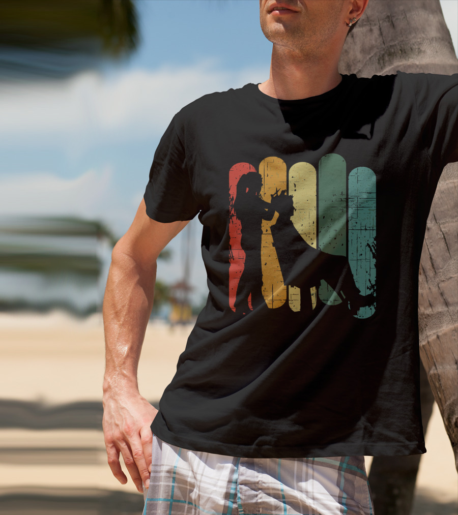 Vintage Retro Hair Stylist Silhouette On Multicolor Stripes T-Shirt