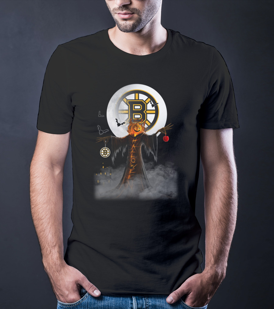 Halloween Boston Bruins Spooky Pumpkin Moon Bats T-Shirt