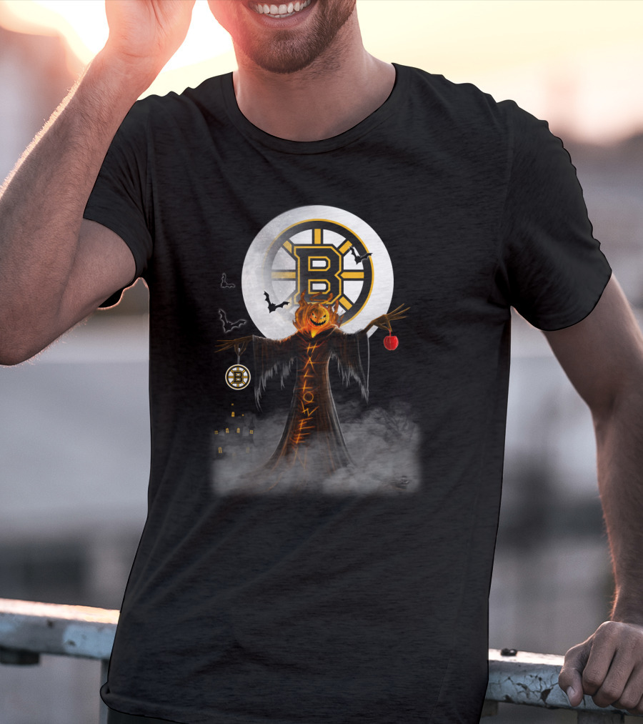 Halloween Boston Bruins Spooky Pumpkin Moon Bats T-Shirt
