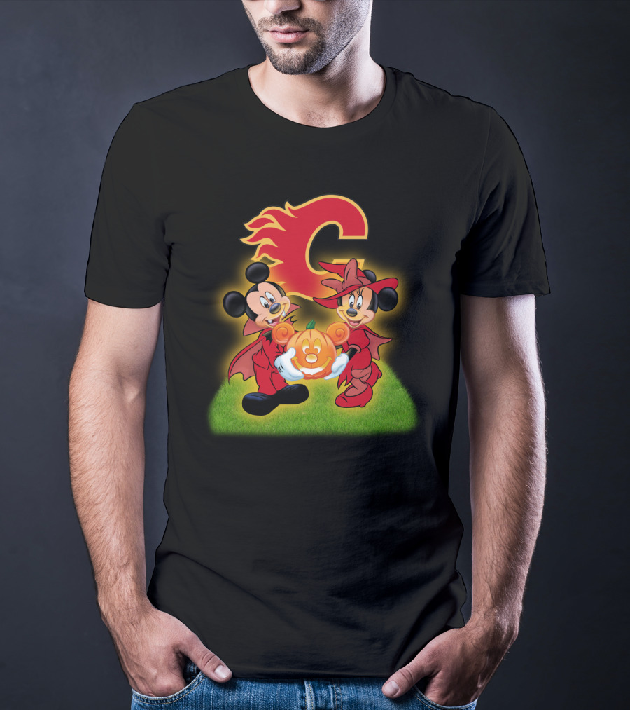 Calgary Flames Mickey And Minnie Halloween Pumpkin T-Shirt