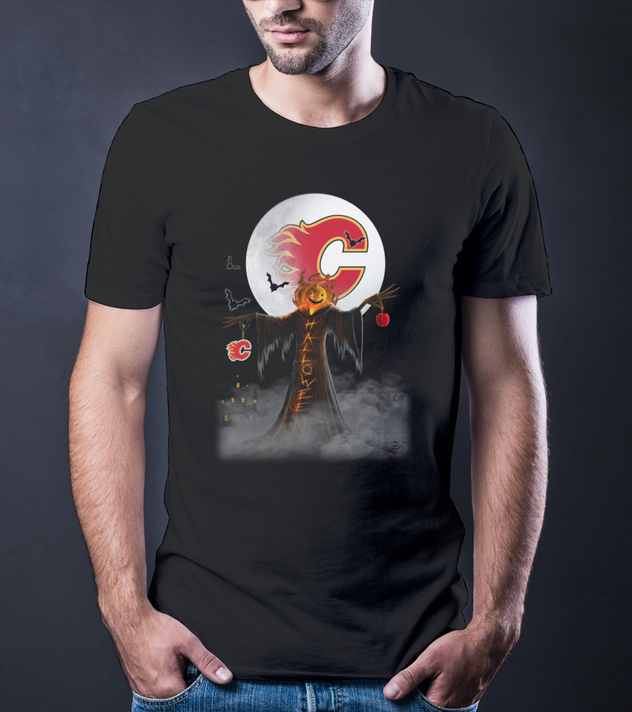 Halloween Calgary Flames Spooky Pumpkin Head With Full Moon And Bats T-Shirt