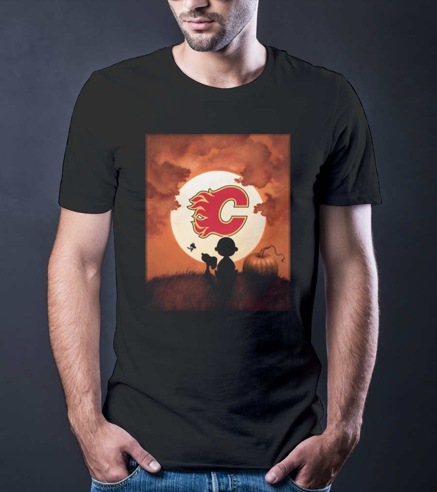 Calgary Flames Halloween Moon And Pumpkin T-Shirt