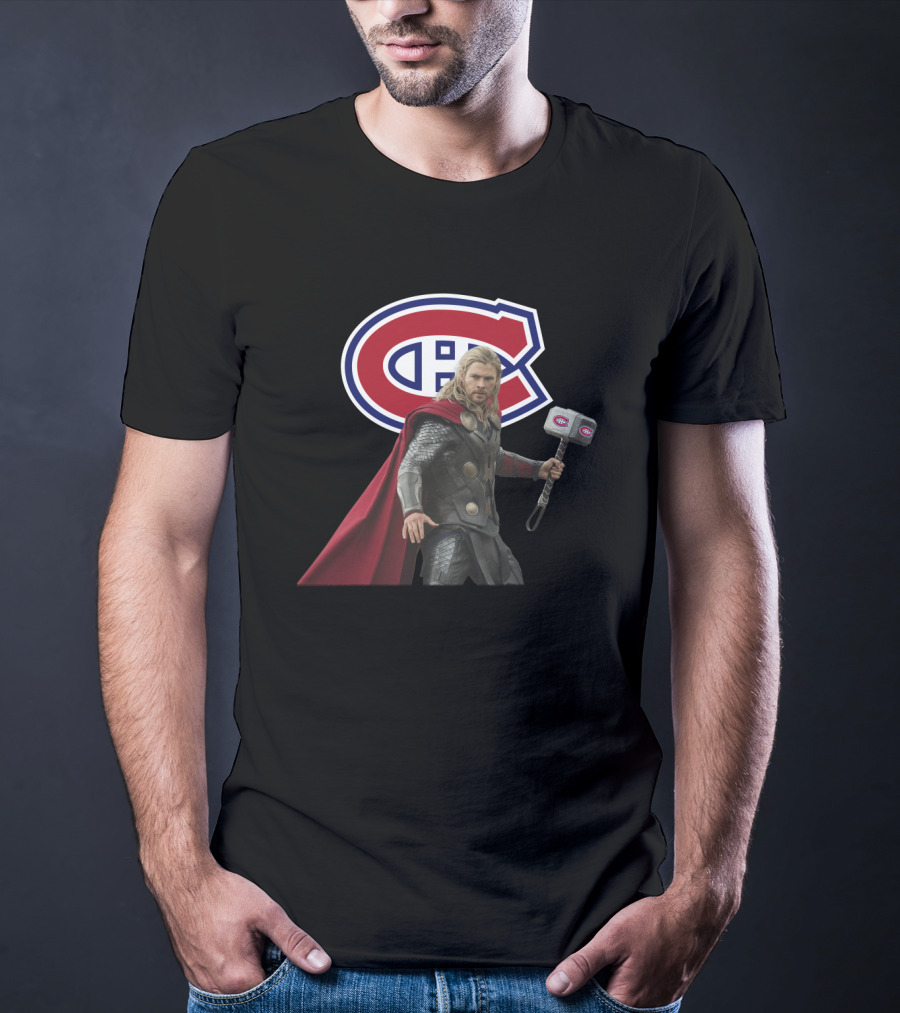 Canadiens Logo With Hero Holding Mjölnir Hammer T-Shirt