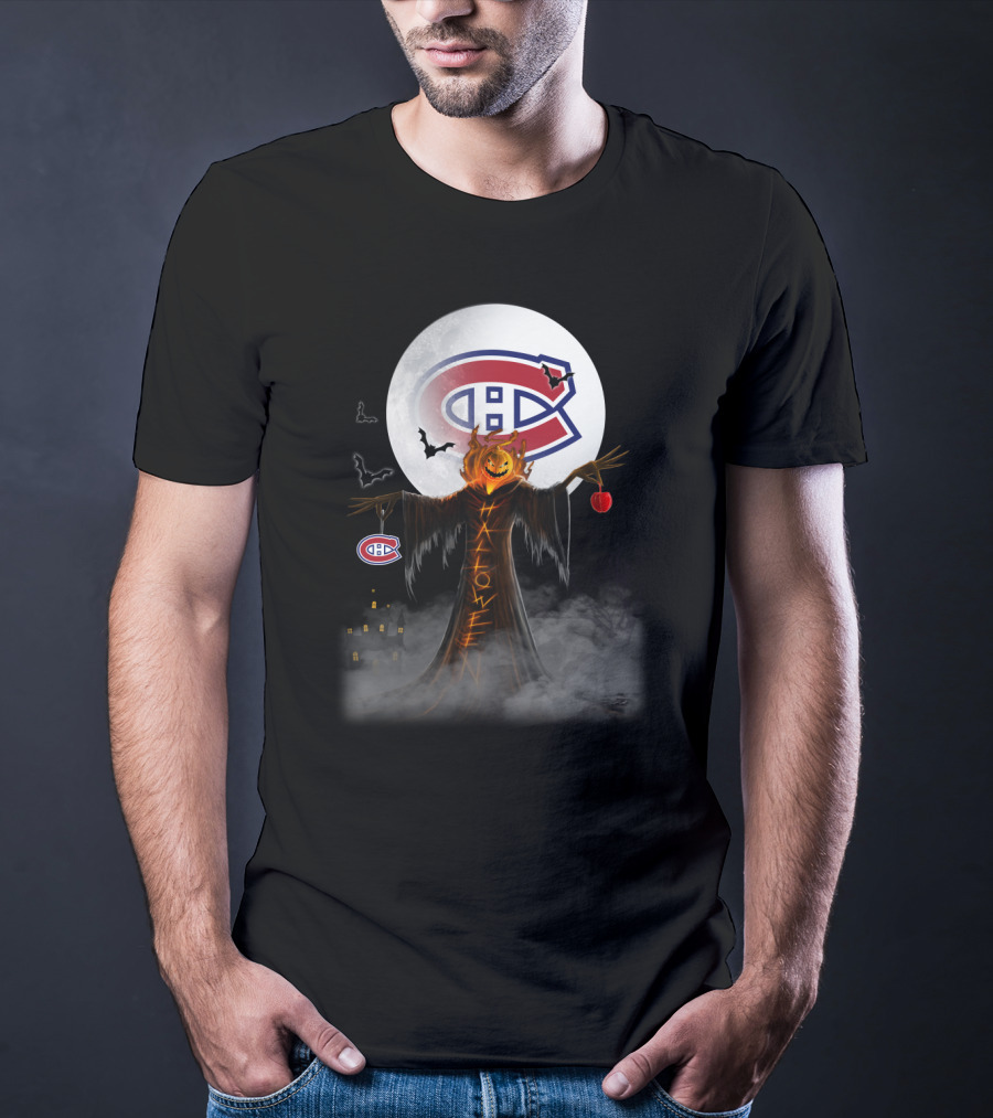 Halloween Canadiens Pumpkin Moon Bats Hockey Montreal T-Shirt
