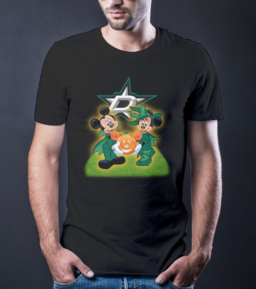 Dallas Stars Halloween Mickey And Minnie With Pumpkin On Grass Background T-Shirt
