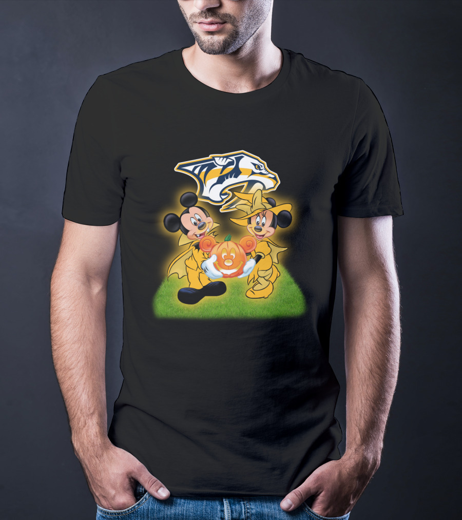Mickey And Minnie Halloween Nashville Predators Pumpkin T-Shirt