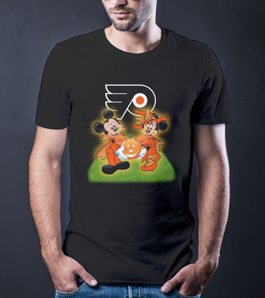 Halloween Philadelphia Flyers Mickey And Minnie Mouse Pumpkin Fun T-Shirt