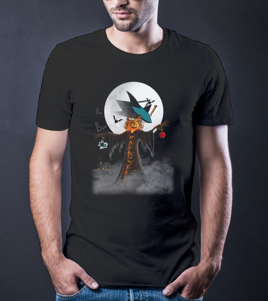Halloween San Jose Sharks Full Moon Witch Pumpkin Bats T-Shirt