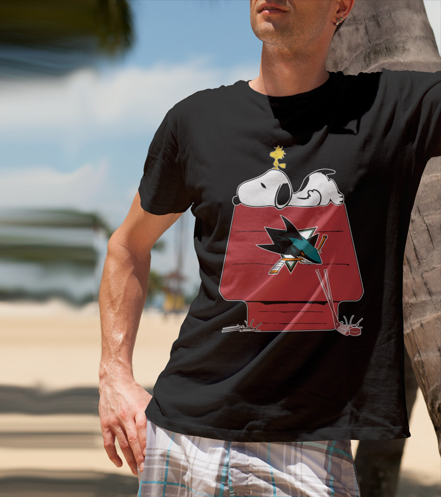 Snoopy And Woodstock On Doghouse With San Jose Sharks Logo And Hockey Sticks T-Shirt