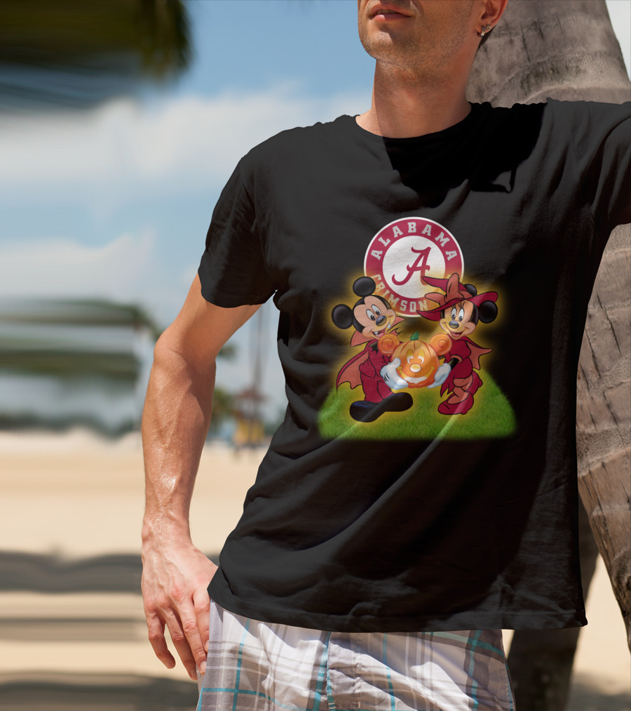 Alabama Crimson Tide Mickey And Minnie Halloween Football Pumpkin T-Shirt