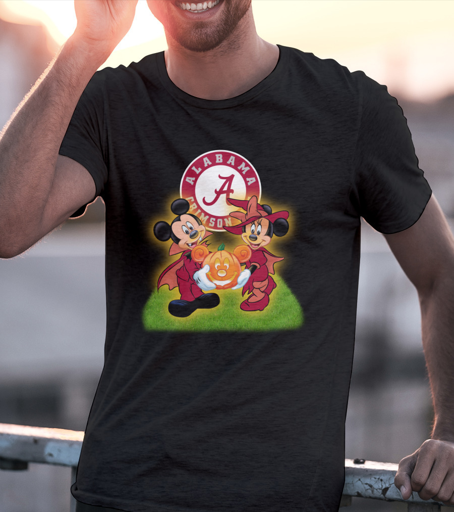 Alabama Crimson Tide Mickey And Minnie Halloween Football Pumpkin T-Shirt