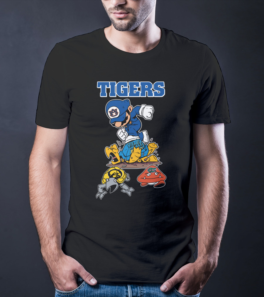 Auburn Tigers Football Character Jumping Over Classic Game Style Opponents T-Shirt
