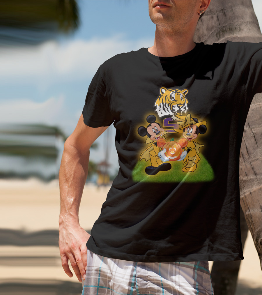 LSU Football Halloween Mickey And Minnie With Pumpkin Tiger T-Shirt