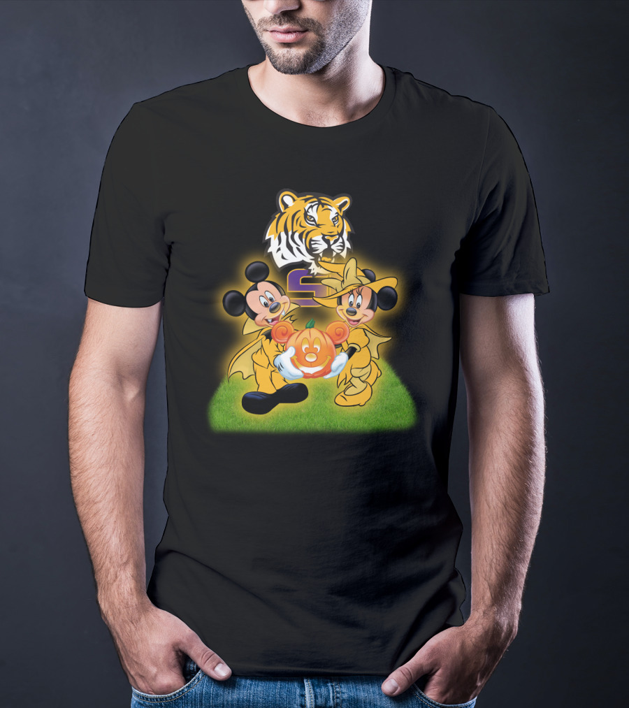LSU Football Halloween Mickey And Minnie With Pumpkin Tiger T-Shirt