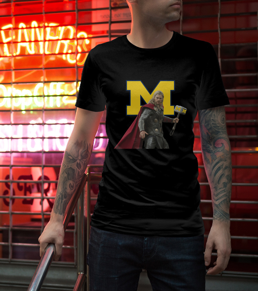Michigan Wolverines Football M-Logo Thor Hammer Crossover T-Shirt