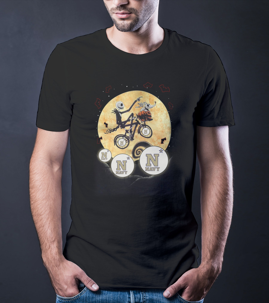Navy Halloween Football Moon Cycling Scene With Stars And Bats T-Shirt