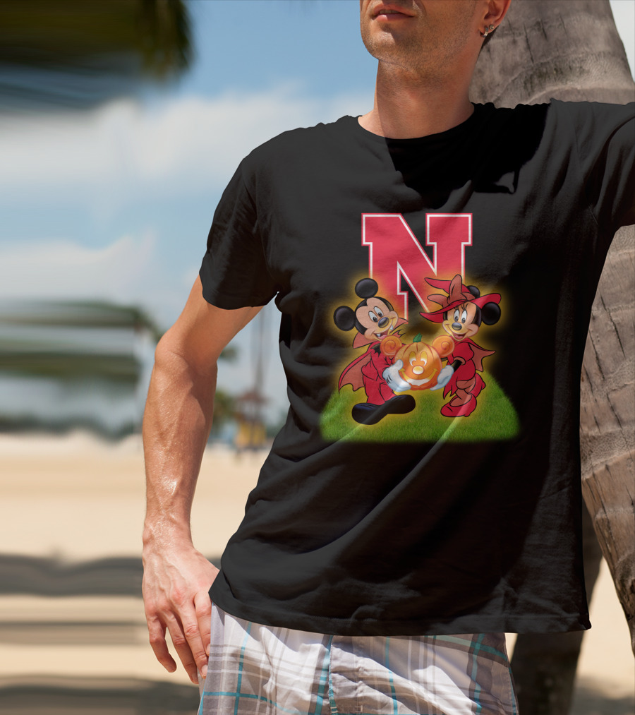Halloween Nebraska Cornhuskers Football Mickey Minnie Pumpkin T-Shirt