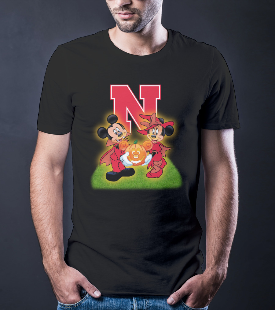 Halloween Nebraska Cornhuskers Football Mickey Minnie Pumpkin T-Shirt