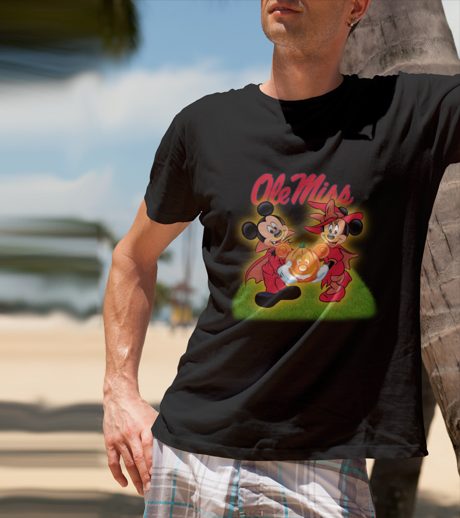 Ole Miss Halloween Disney Characters Holding Pumpkin T-Shirt