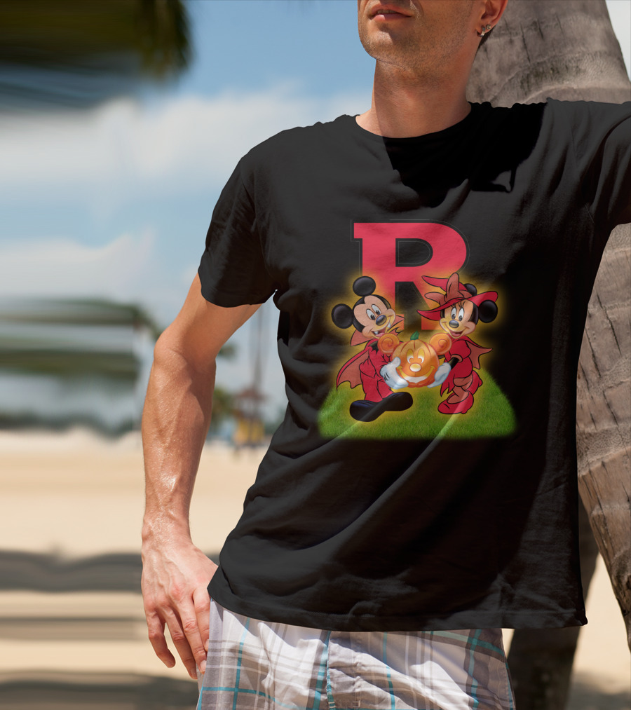 R Rutgers Halloween Mickey Minnie Pumpkin Football T-Shirt