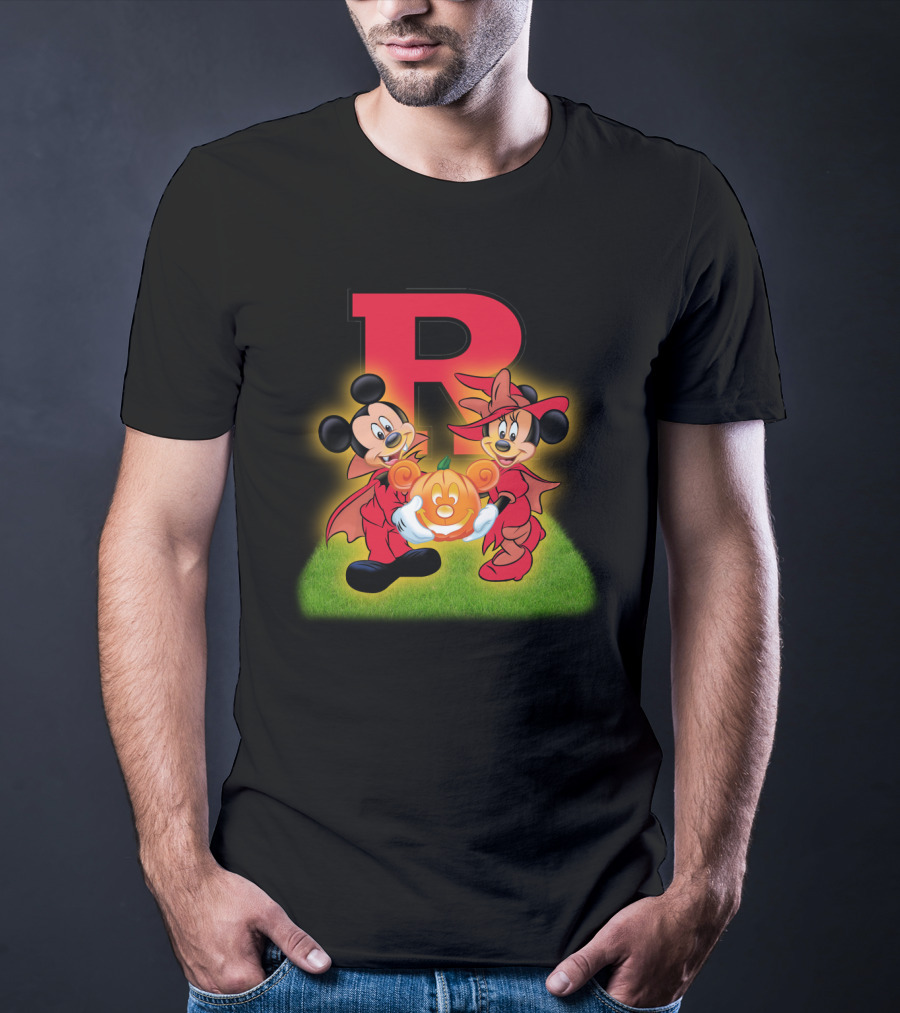 R Rutgers Halloween Mickey Minnie Pumpkin Football T-Shirt