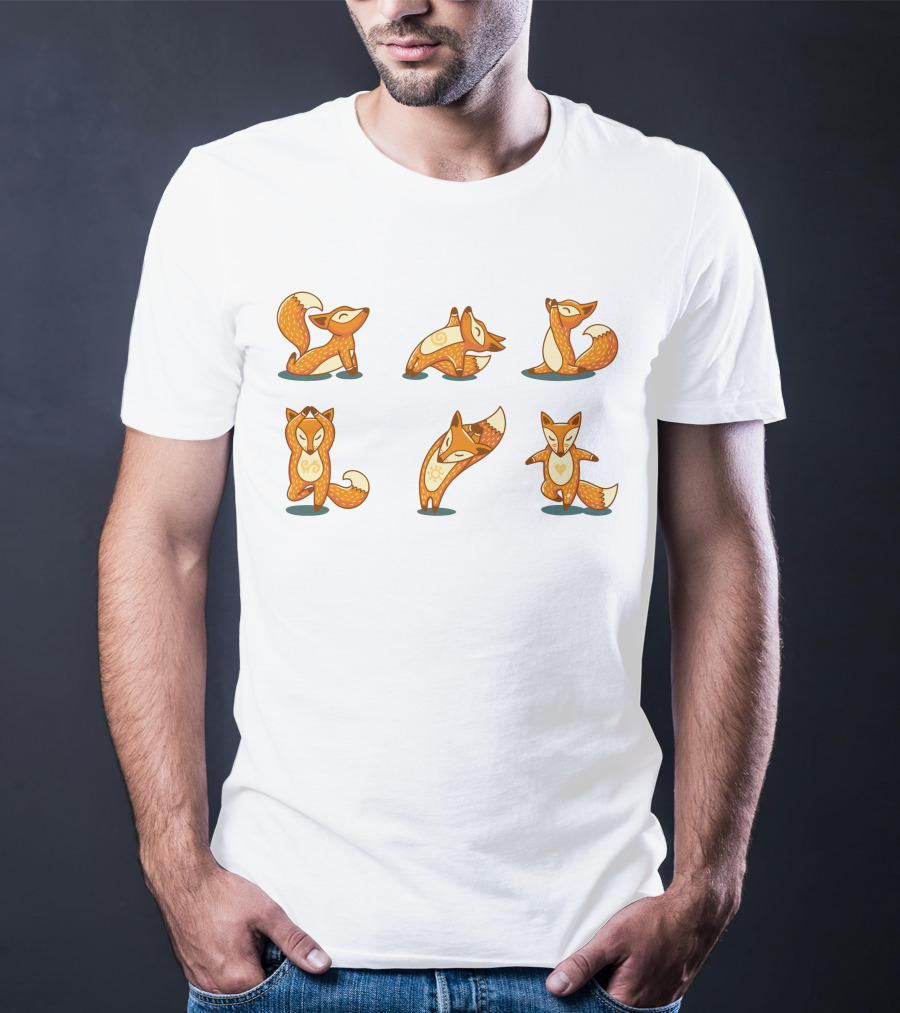 Fox Yoga Poses Playful Cartoon Style T-Shirt