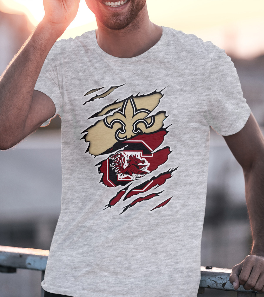 New Orleans Saints And South Carolina Gamecocks Logo Fusion T-Shirt