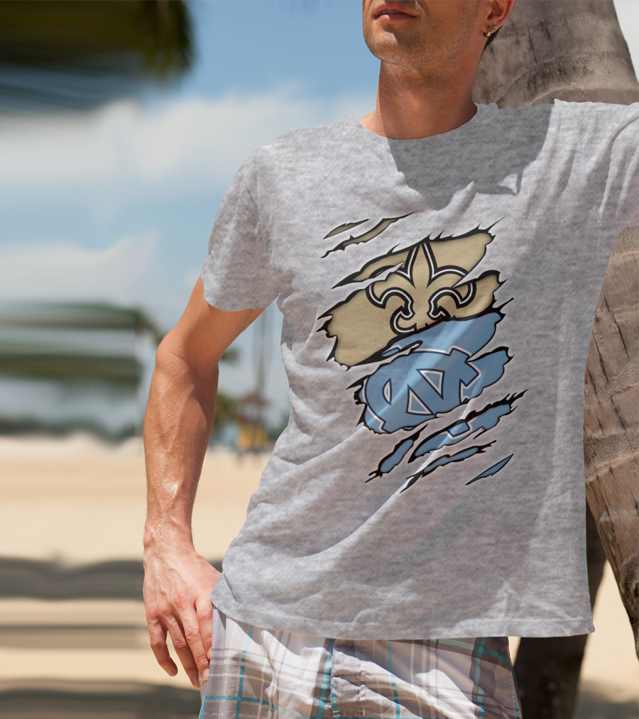 Saints Fleur-de-Lis And UNC Tar Heels NC Logo Fusion T-Shirt