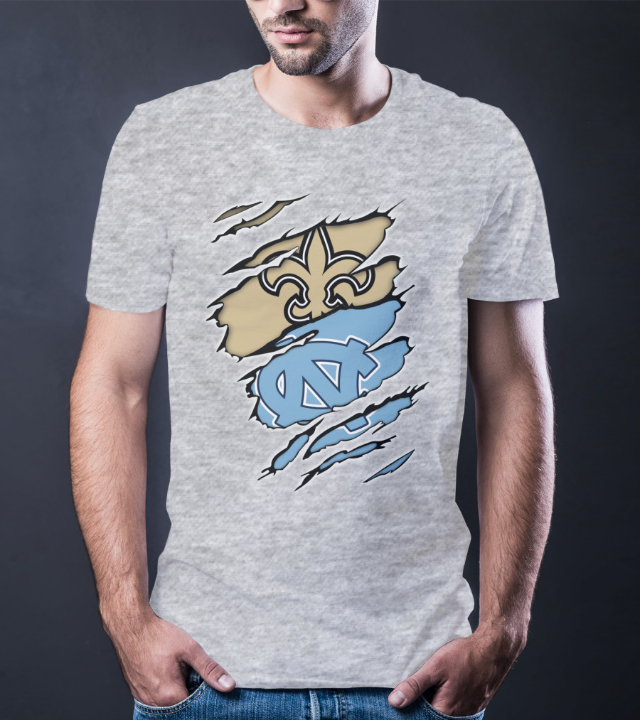 Saints Fleur-de-Lis And UNC Tar Heels NC Logo Fusion T-Shirt