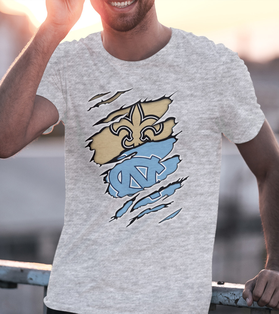 Saints Fleur-de-Lis And UNC Tar Heels NC Logo Fusion T-Shirt