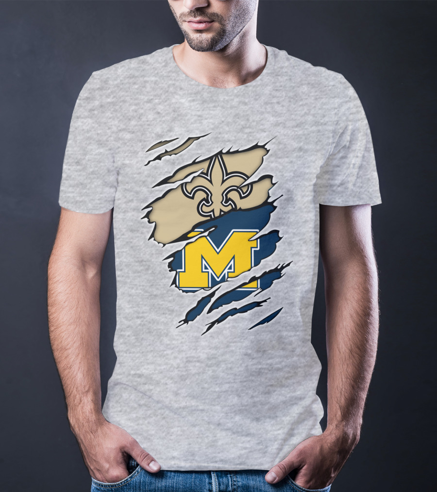 New Orleans Saints Fleur-De-Lis And Michigan Wolverines M Logo Ripped T-Shirt