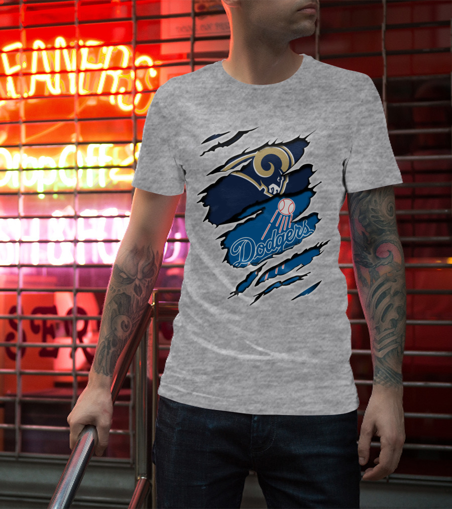 Rams Dodgers Scratch Tear Logo Crossover Fusion T-Shirt