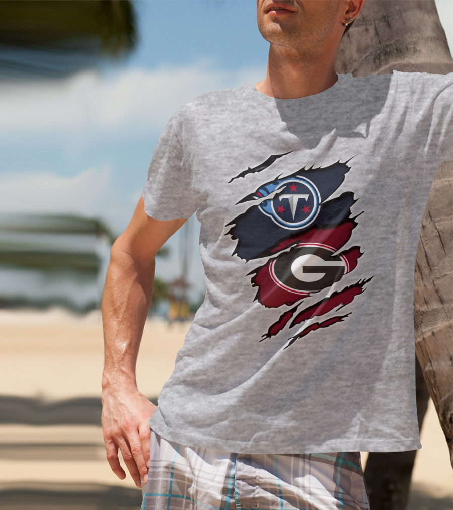 Tennessee Titans Georgia Bulldogs Claw Marks Fusion Logo With Team Icons And Colors T-Shirt
