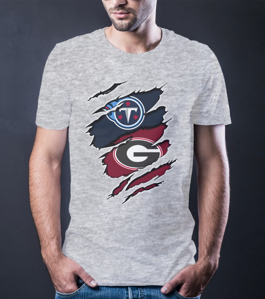 Tennessee Titans Georgia Bulldogs Claw Marks Fusion Logo With Team Icons And Colors T-Shirt