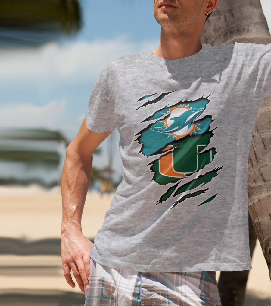 Miami Dolphins Miami Hurricanes Fan Torn U Logo Dolphin T-Shirt
