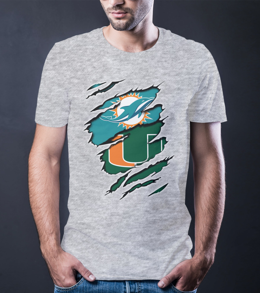 Miami Dolphins Miami Hurricanes Fan Torn U Logo Dolphin T-Shirt
