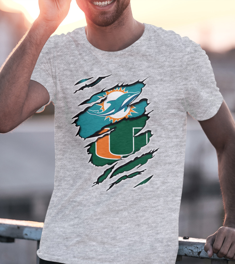 Miami Dolphins Miami Hurricanes Fan Torn U Logo Dolphin T-Shirt