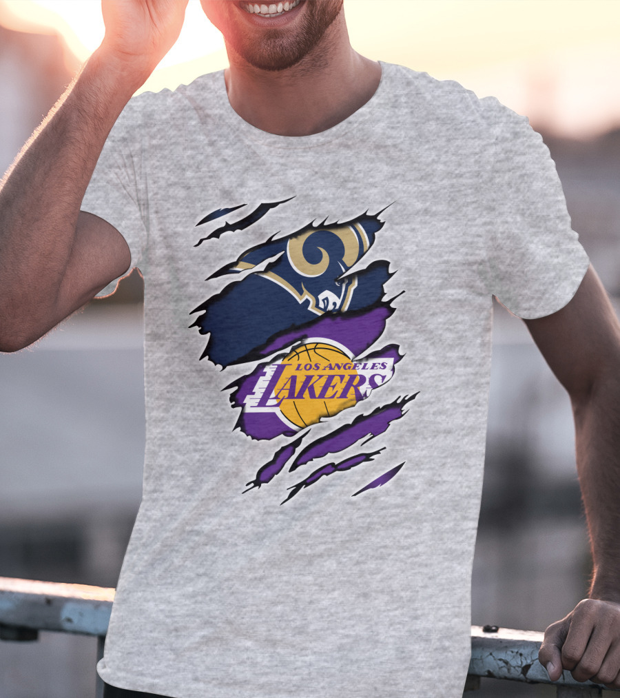 Los Angeles Rams Lakers Logos Scratch Sports Collaboration T-Shirt