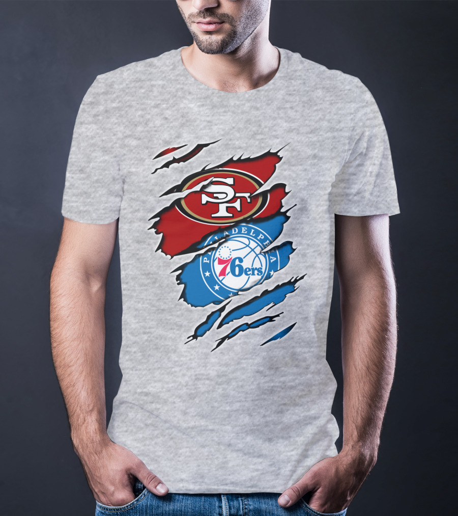 49Ers Sf 76Ers Philadelphia Logos IN Scratched T-Shirt