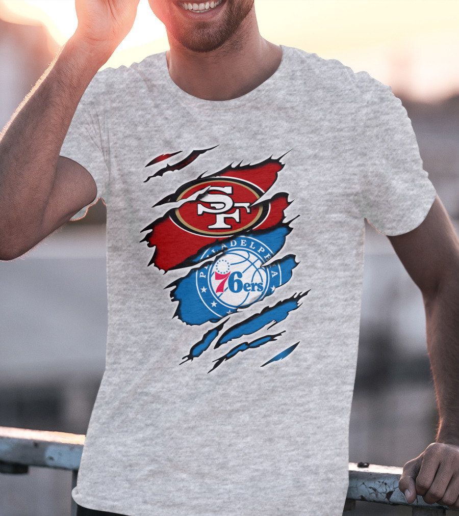 49Ers Sf 76Ers Philadelphia Logos IN Scratched T-Shirt
