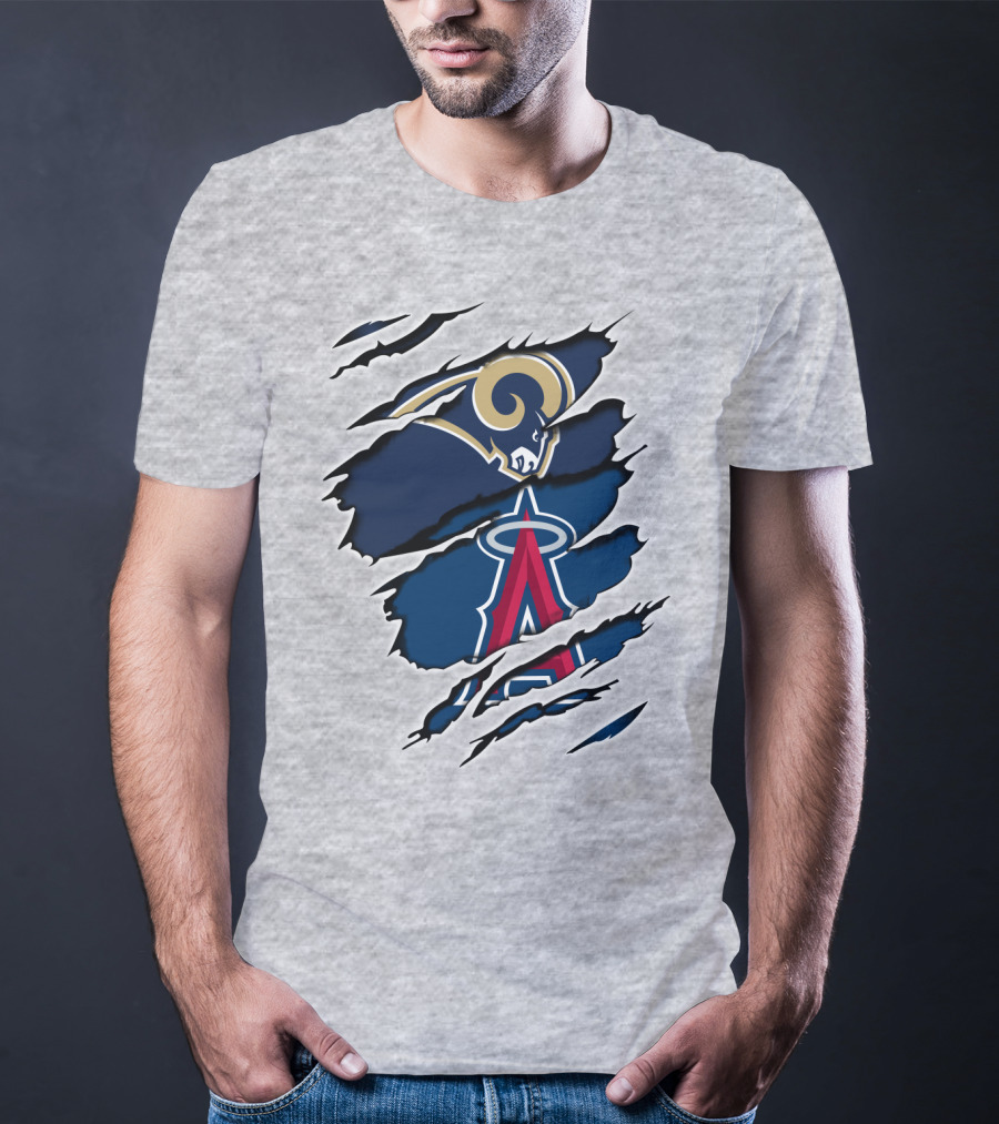 Rams Angels Rams Angles Logo Mashup On Ripped Blue Background T-Shirt