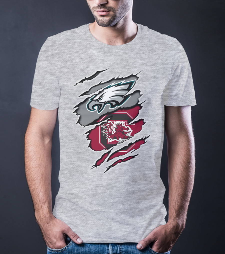 Eagles Gamecocks Logo Clash On Ripped Grey Background T-Shirt